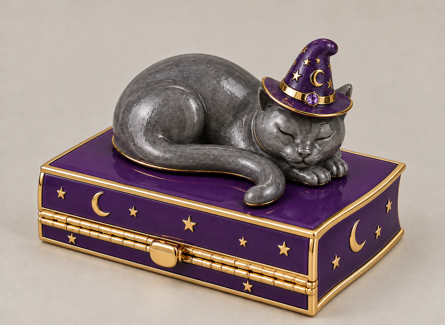 Cat-on-a-book metal trinket box with purple enamel, gold-tone details and a sculpted cat